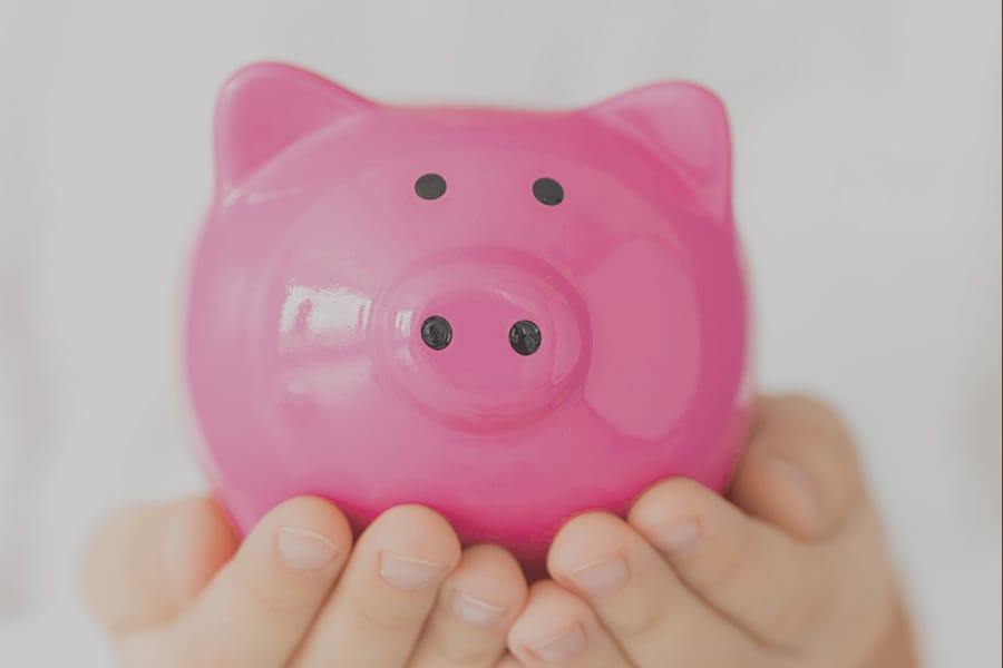 Close-up of a person holding a bright pink piggy bank with both hands