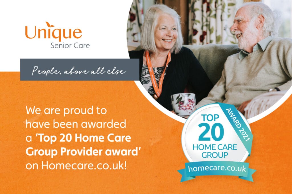 A graphic for Unique Senior Care featuring a smiling carer and an elderly man sitting together, alongside text announcing the company’s ‘Top 20 Home Care Group Provider Award’ from Homecare.co.uk for 2021