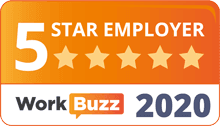 A WorkBuzz badge reading “5 Star Employer 2020,” with five gold stars on an orange background.