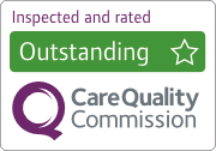 A Care Quality Commission rating badge showing “Inspected and rated: Outstanding.”