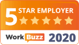 A WorkBuzz badge reading “5 Star Employer 2020,” with five gold stars on an orange background.