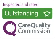 A Care Quality Commission badge displaying the rating “Inspected and rated: Outstanding.”