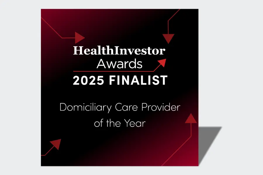An image stating 'health investor awards 2025 finalist in the domiciliary care provider category'