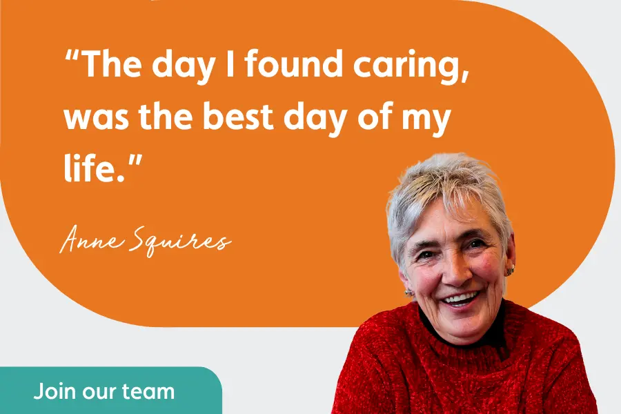 Caregiver, Anne Squires. overlayed with a speech bubble saying 'the day i found caregiving was the best day of my life'