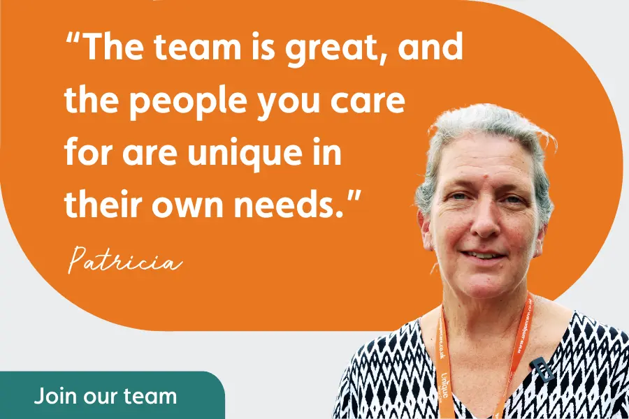 Caregiver patricia, smiling, overlayed with the text: "the team is great, and the people you care for are unique in their own needs.