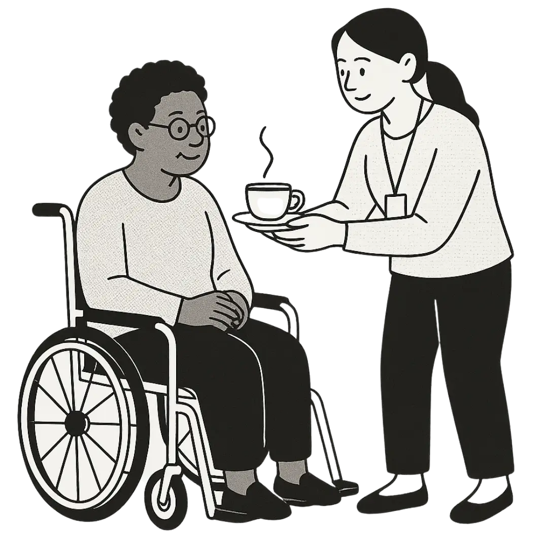 A caregiver smiling while handing her elderly client a cup of tea while sat in her wheelchair