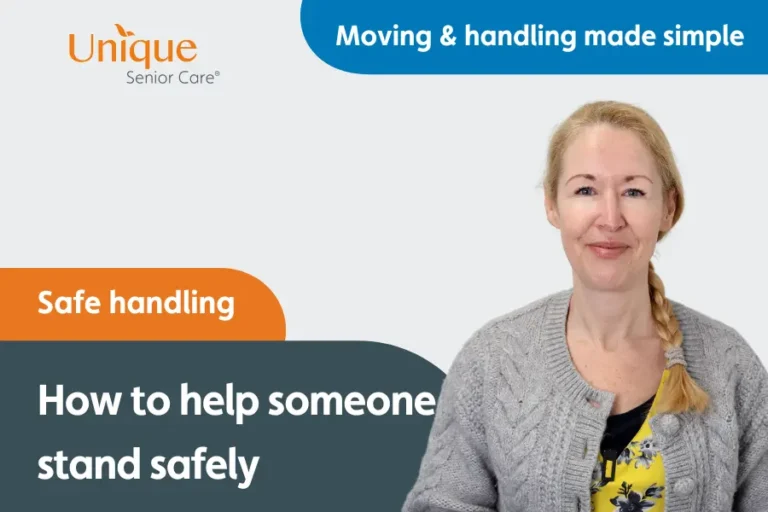 Thumbnail image for our 'helping someone to stand safely from a chair' video as part of our moving & handling made simple series
