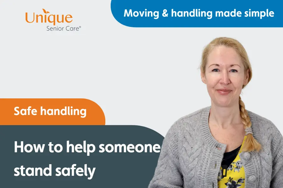 Thumbnail image for our 'helping someone to stand safely from a chair' video as part of our moving & handling made simple series