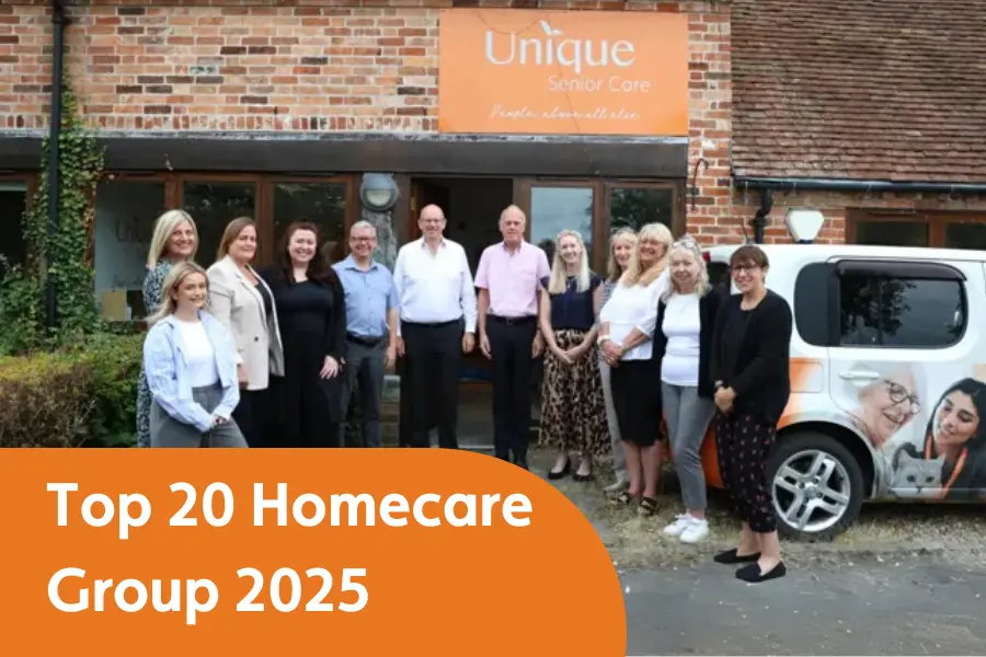 some of the Unique Care Team stood outside their Stratford upon Avon head office alongside co-founders, Phil and Phil