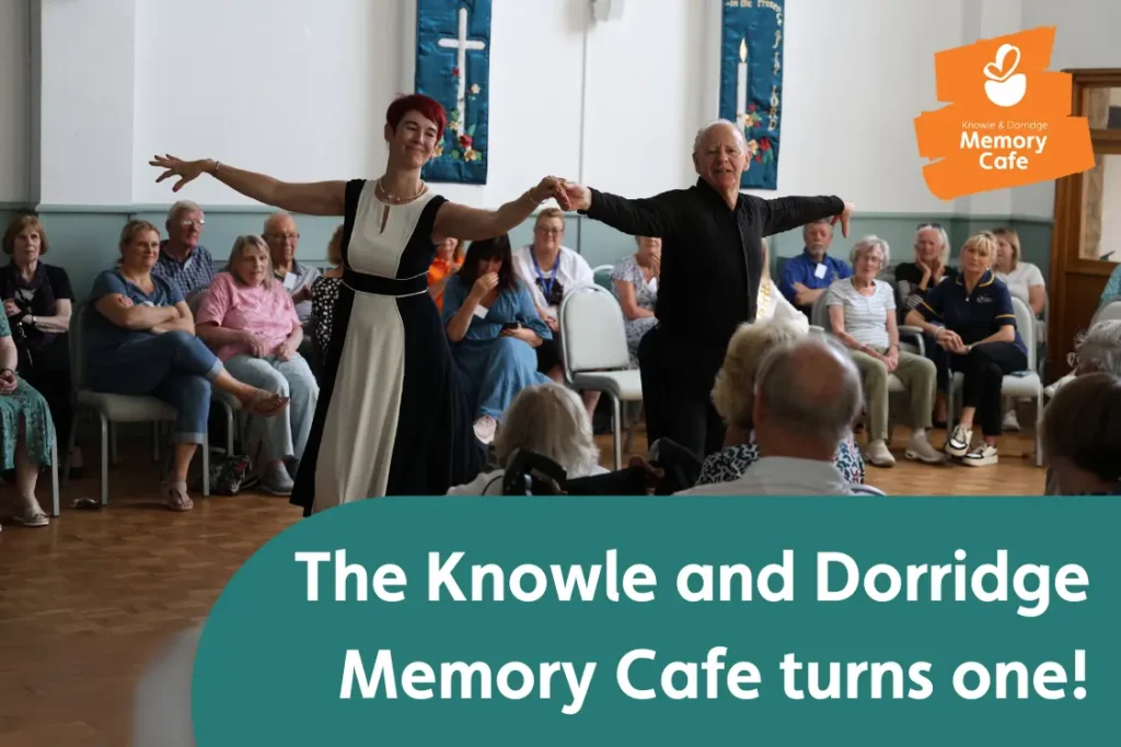 Professional dancers at the memory cafe performing for onlookers. Overlayed text reads 'The Knowle and Dorridge Memory Cafe turns one'