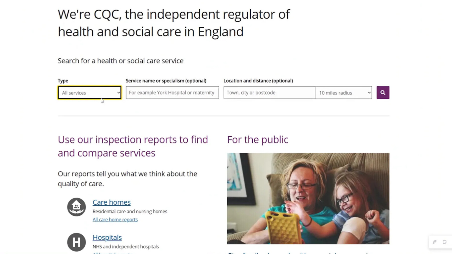 CQC website search bar showing provider type and location options