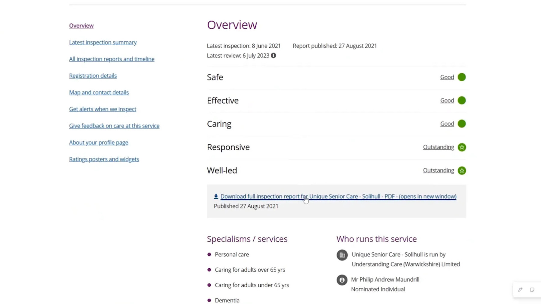 Detailed inspection ratings and report download option on CQC website
