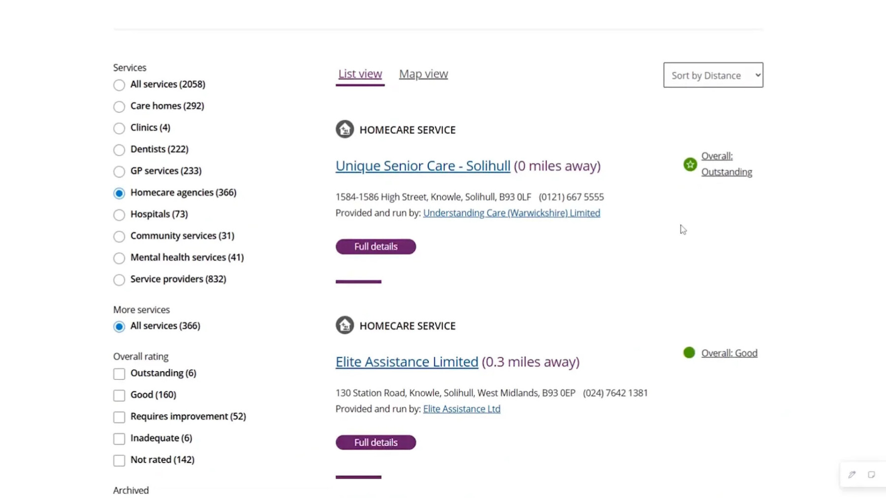 Filter options on CQC website showing overall rating filter