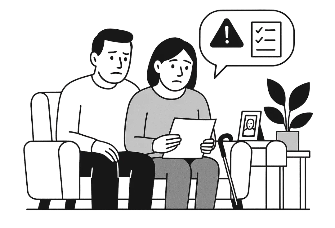 A graphic showing a man and woman deliberating care options for a family member
