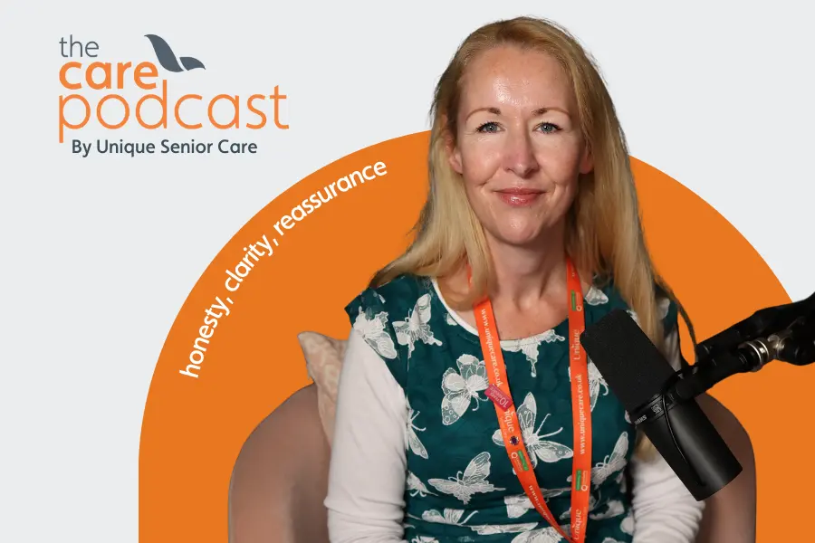 Cover image for the care podcast blog, featuring Jo Cleary and the care podcast logo.