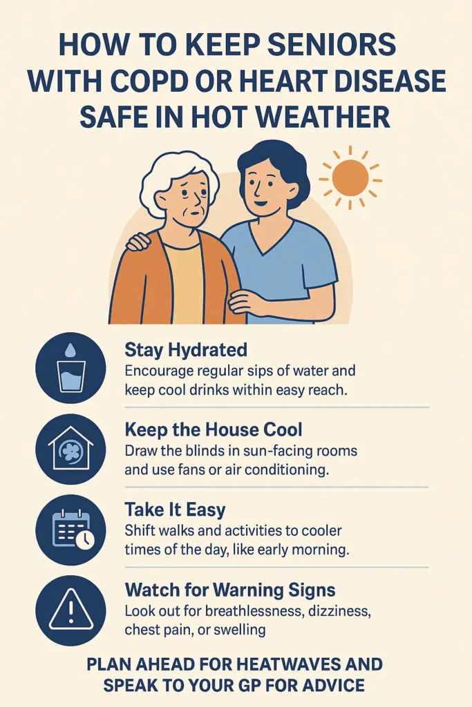 And infographic sharing tips on keeping elderly people with lung or heart conditions safe in hot weather