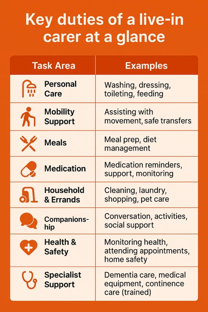 A list of key live-in carer duties covering everyhting from personal care to mediation management and companionship