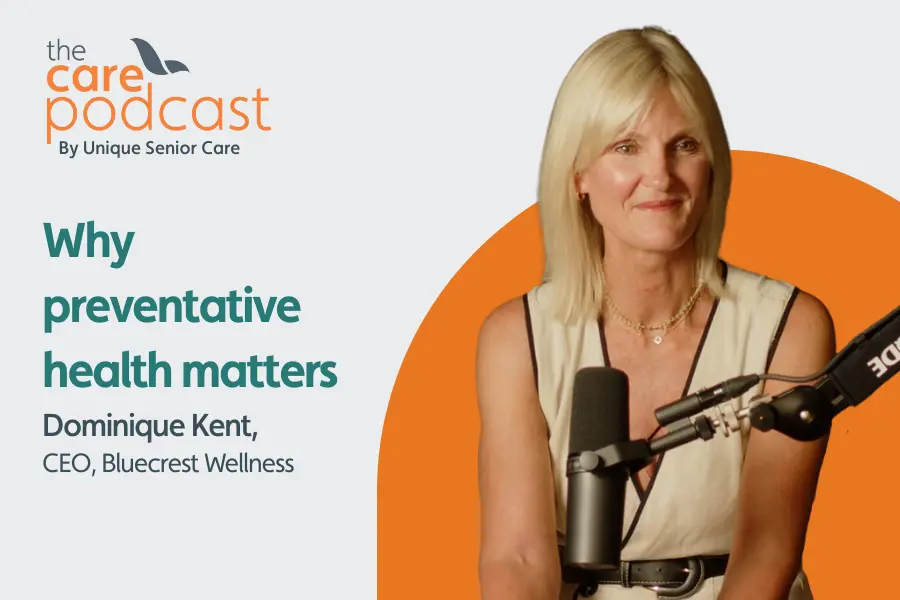 Cover image for podcast episode with Dominique Kent. FEatures image of Dom in the podcast studio with the text 'Why preventative health matters'.