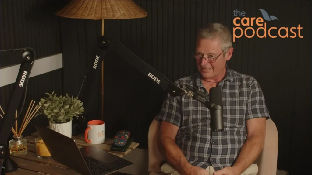 A still image of Gary strong taken during filming of the podcast about arranging care for a loved one
