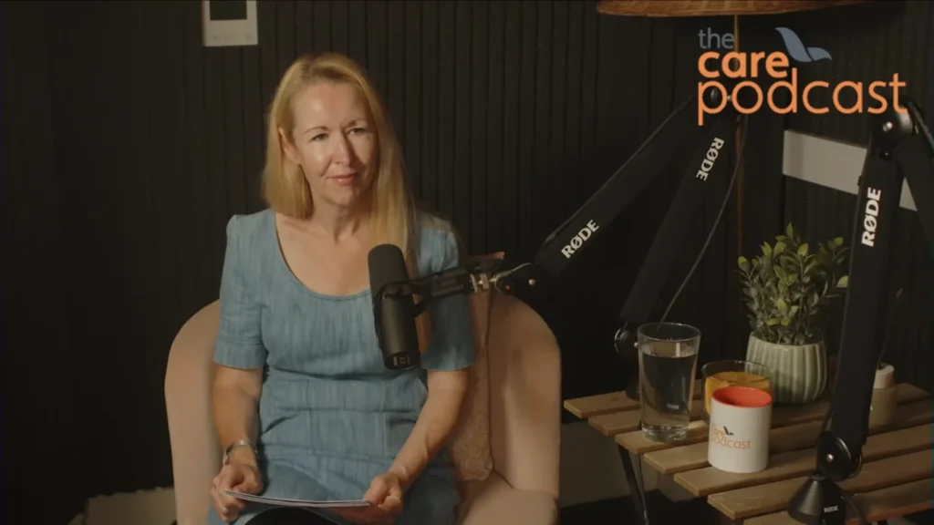 A still image of Jo Cleary taken during filming of the podcast about arranging care for a loved one