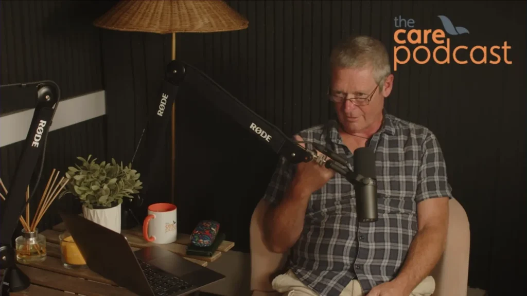 A still image of Gary strong taken during filming of the podcast about arranging care for a loved one