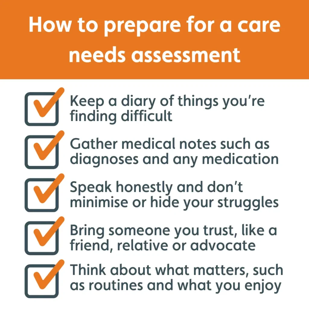 A checklist of things to prepare before a care needs assessment including keeping a diary, gathering medical information, speaking honestly, bring someone trusted along and thinking about what matters most
