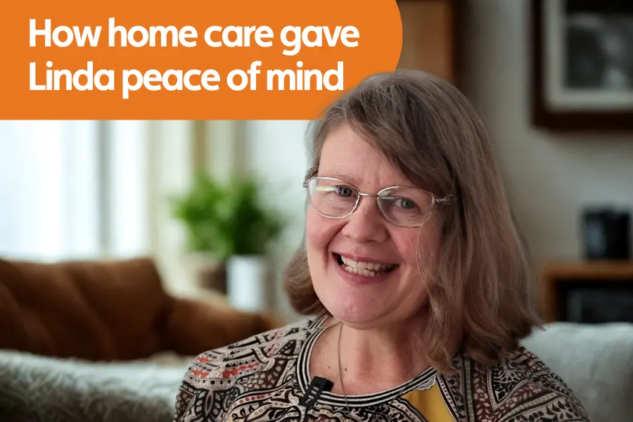 FEatured image for blog about Linda's experience with home care.. Image shows Linda smiling at the camera