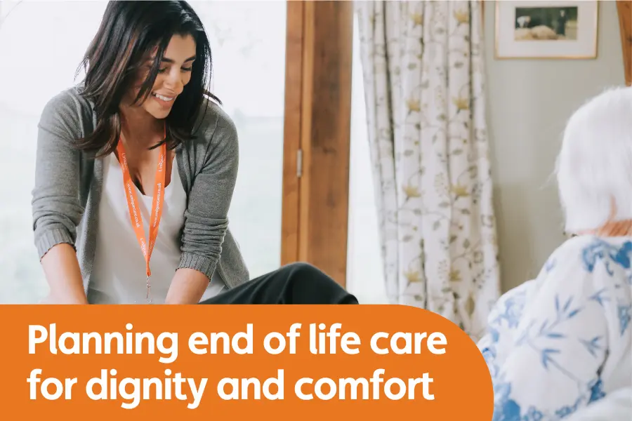 Featured image for blog on -planning end of life care, featuring a caregiver helping to reposition and elderly lady in bed