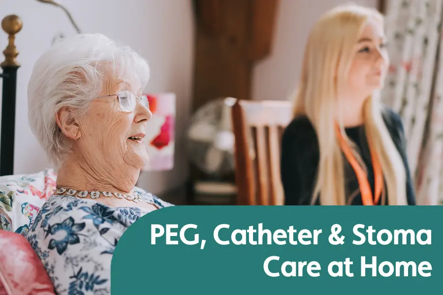 Featured for image for blog on clinical care tasks being managed at home. Image shows an older lady sat in bed with younger caregiver beside her both looking in thought
