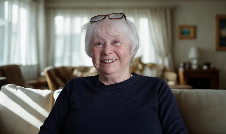 An elderly woman with white hair and glasses resting on her head smiles while sitting on a sofa in a softly lit living room.