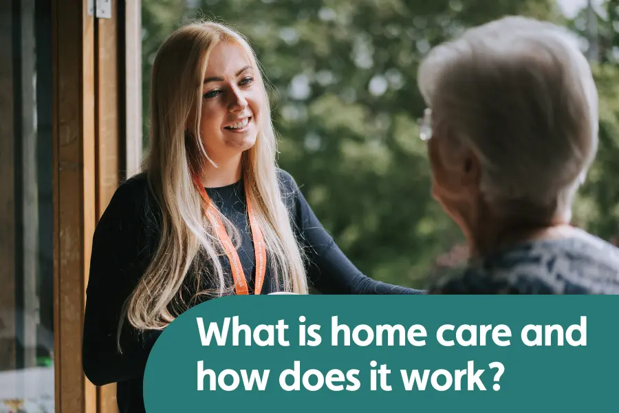 Featured for blog about what homecare is and how it works. Image features care and client stood by a window smiling while chatting