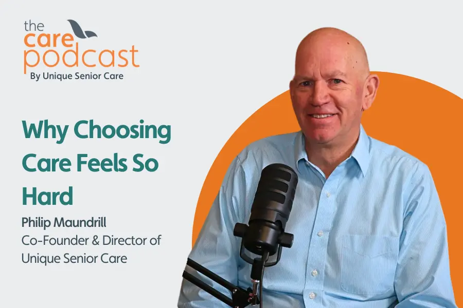 Podcast cover for Phil Maundrills epsidoe on dealing with guilt when arranging care. image shows him sat smiling at the camera with a microphone in front of him