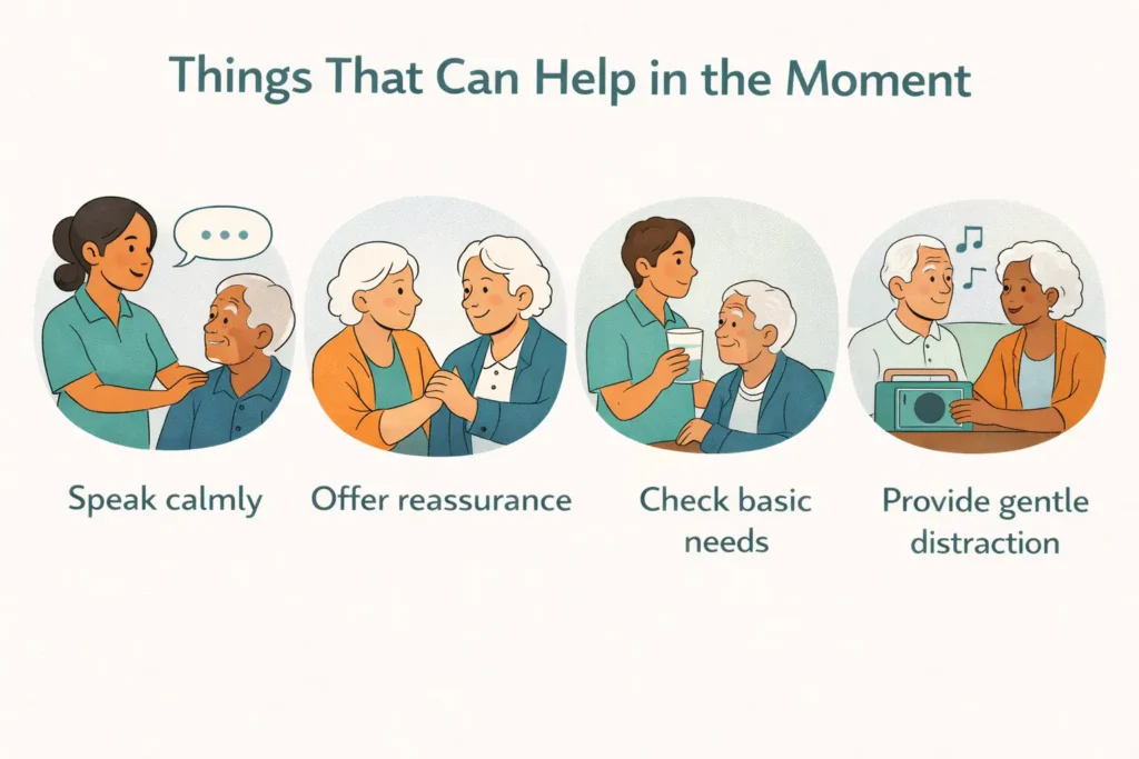 Strategies that can help when sundowning symptoms occur, such as reassurance, calm communication and checking physical needs.