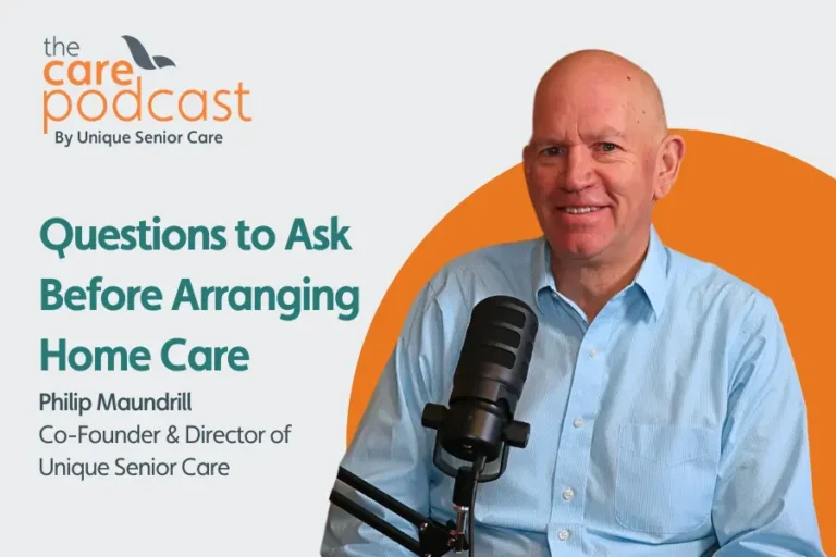 Podcast cover for Phil Maundrills episode on the questions families wish theyd asked when arranging care. image shows him sat smiling at the camera with a microphone in front of him