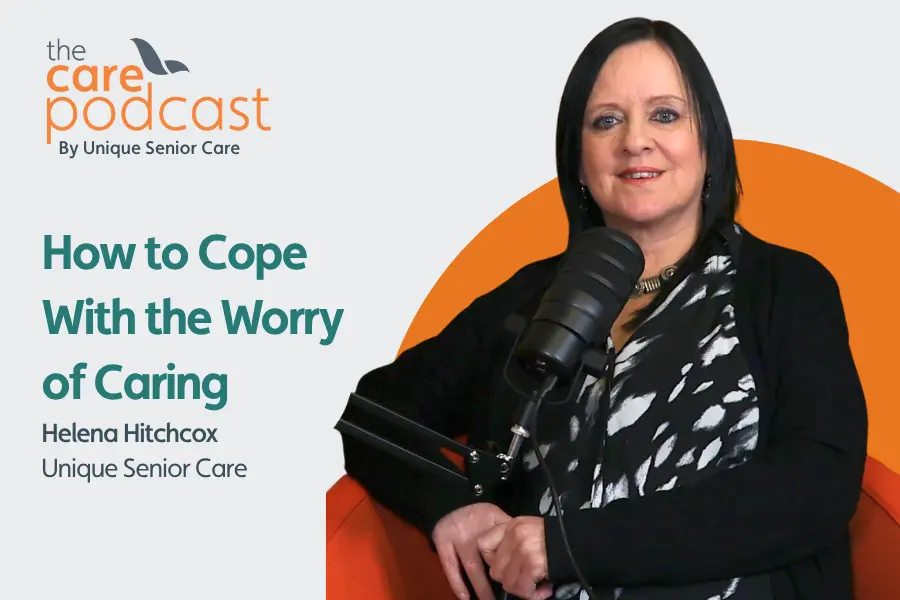 Featured image for podcast on how to deal with the worry of caring. Image shows Helena Hitchcox sat in the podcast studio with a microphone in front of her