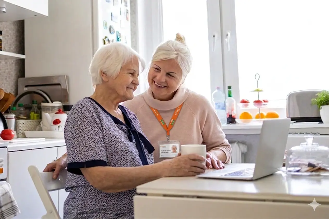 A Care Manager, identifiable by her name badge and lanyard, is seated at a table with an elderly woman. They are both smiling as they look at a laptop screen together. The Care Manager holds a white mug. This image is within the context of the care price estimator page.