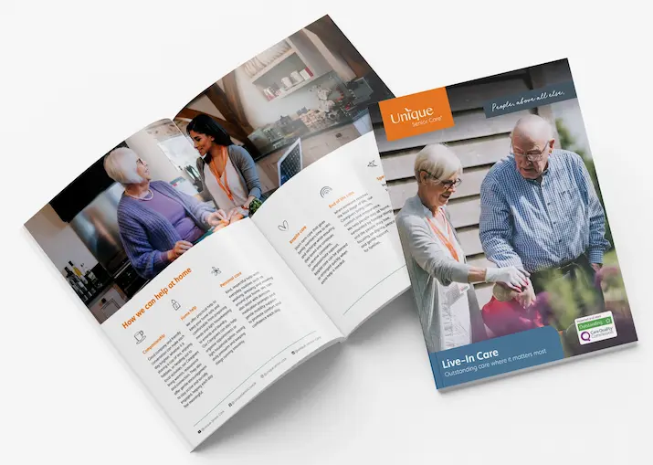 Photo of inside spreadh and outside cover of the Unique Senior Care Live In Care brochure which is available for download as pdf or flip document.
