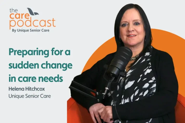 Featured image for podcast on how to prepare for a sudden change in care needs. Image shows Helena Hitchcox sat in the podcast studio with a microphone in front of her