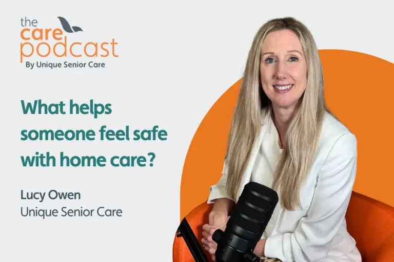 People director lucy sat in front a podcast microphone with the words 'what helps someone feel safe with home care?'