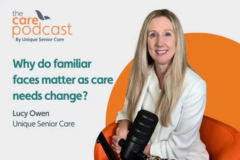 People director lucy sat in front a podcast microphone with the words 'why familiar faces matter s care needs change'