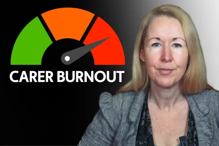 Image showing learning and development manager, Jo Cleary, with a gauge pointing to red and the words 'carer burnout'