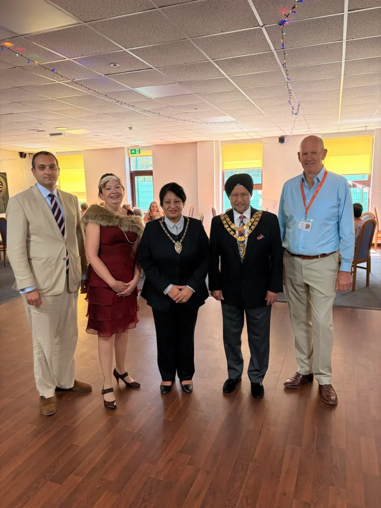 Philip Maundrill and Karen wilkinson from unique senior care with the new mayor and mayoress as well as the MP for Solihull