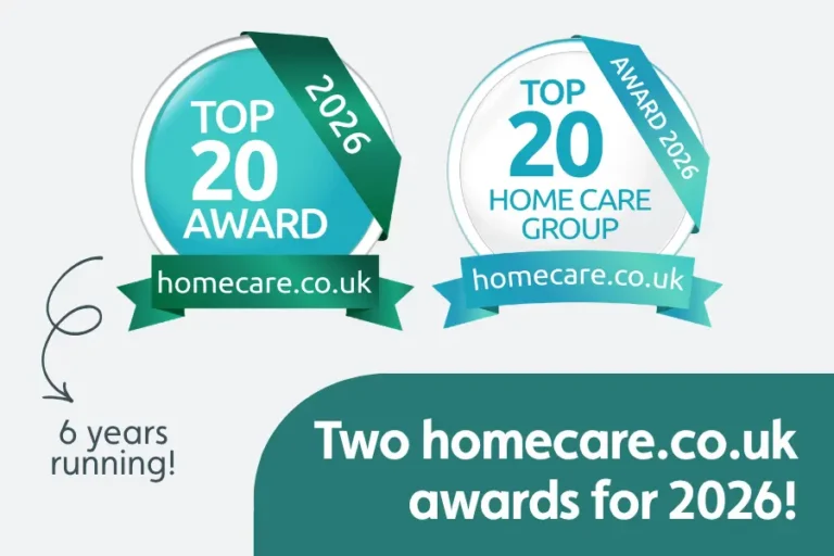 An image showing our two homecare.co.uk awards for 2026, along with the text '6 years running'