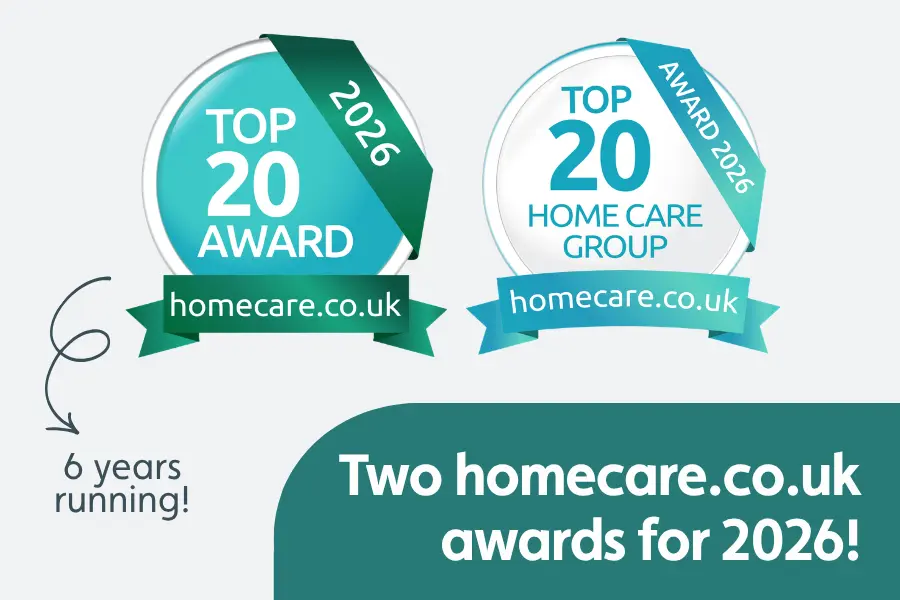 An image showing our two homecare.co.uk awards for 2026, along with the text '6 years running'