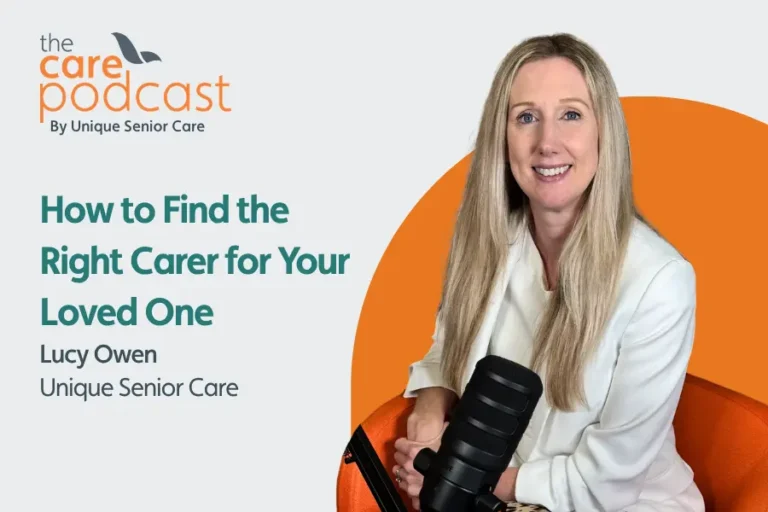 People director lucy sat in front a podcast microphone with the words 'How to find the right carer for your loved one'