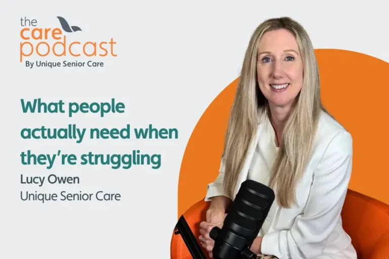 People director lucy sat in front a podcast microphone with the words 'what people really need when they're struggling'