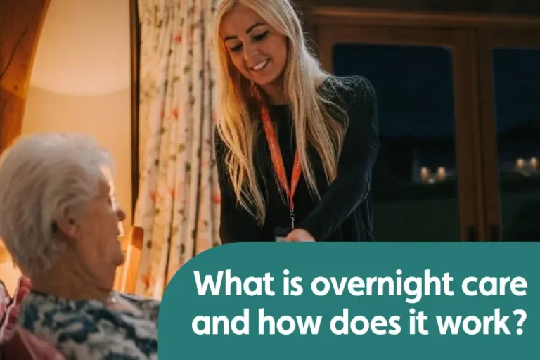 Image shows a younger woman handing over a cup of tea to an elderly lady sat in bed at night time. Text overlay reads 'what is over night care and how does it work?'