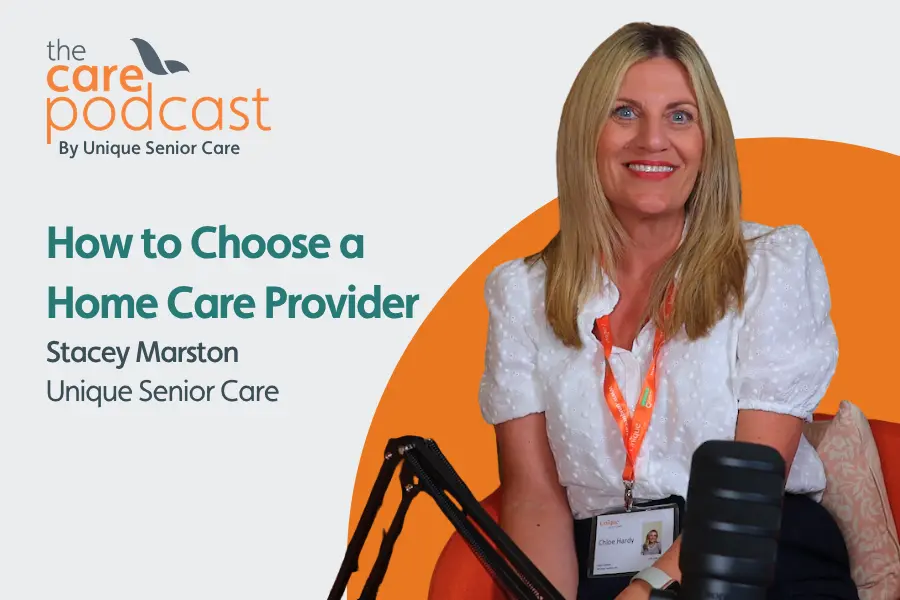 Client services manager, Stacey marston sat in front of a podcast microphone. with the text 'How to choose a home care provider'