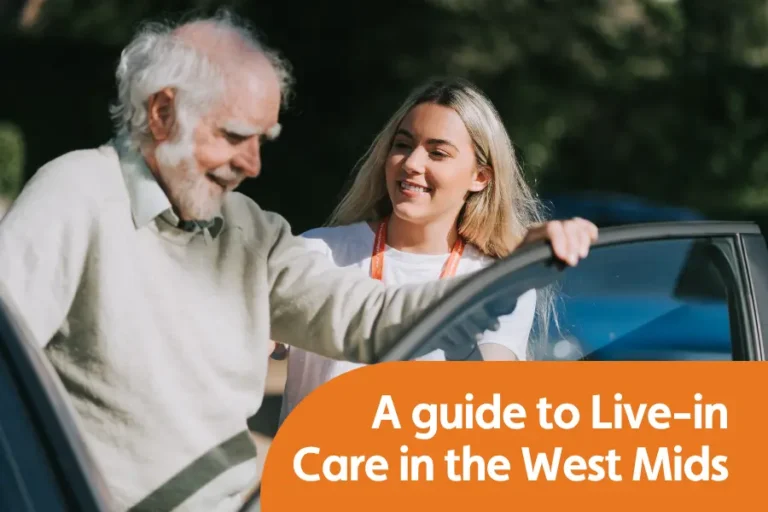 Featured image for blog comparing live-in care providers in the West midlands. Image shows a younger caregiver helping an older man get into a car safely