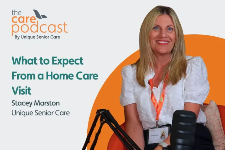 Client services manager, Stacey marston sat in front of a podcast microphone. with the text 'What to expect from a home care visit'
